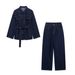 Vintage Waist-Tie Denim Jacket & High-Waisted Jeans Set – Retro Western Style Distressed Two-Piece Outfit_ecoleips.com