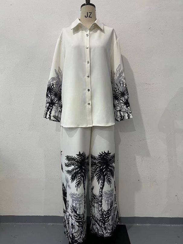 Women's Clothing Positioning Printing Long Sleeved Top Wide Leg Pants Fashionable Two Piece Suit_ecoleips.com