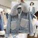 Women's Clothing Women's Thick Denim Jacket With Faux Fur Collar - Winter Warm Fleece Lined Coat, Oversized Loose Fit, Casual Chic Outerwear_ecoleips.com