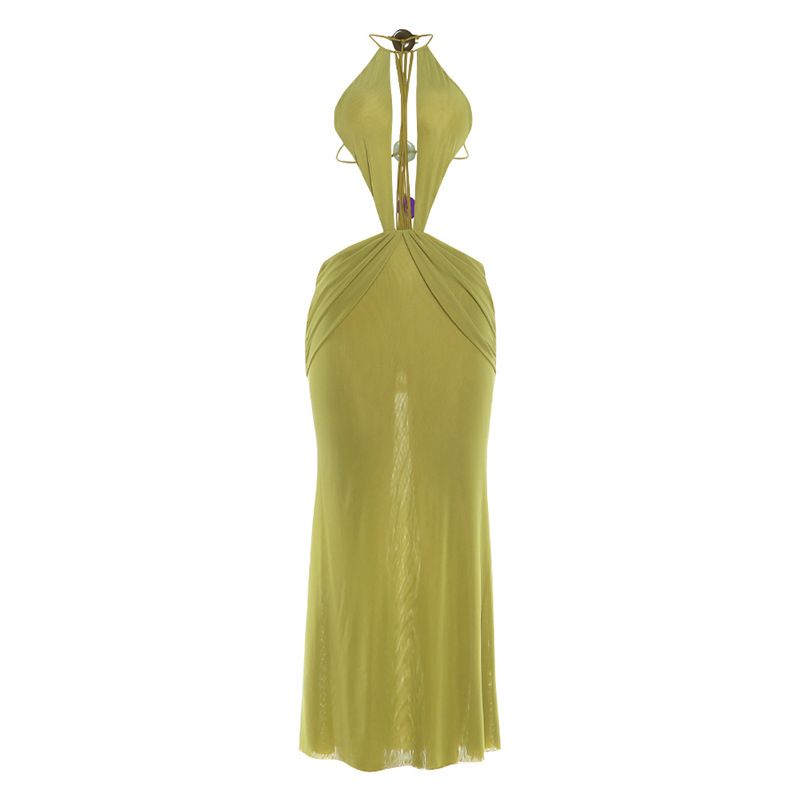 Women's Sexy Backless Halter Neck Dress New Style Spring Fashion Solid Color Mesh Clothing for Girls_ecoleips.com