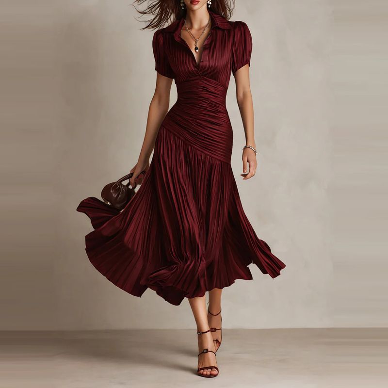 2026 Summer Short Sleeved High Waist Robe Dress Elegant Pleated Party Long Dresses Retro Solid Color Lapel Swing Commuting Dress_ecoleips.com