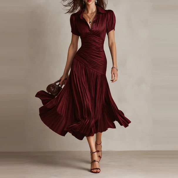 2026 Summer Short Sleeved High Waist Robe Dress Elegant Pleated Party Long Dresses Retro Solid Color Lapel Swing Commuting Dress_ecoleips.com