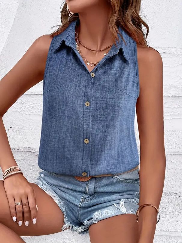 Women's Clothing Solid Color Single Breasted Lapel Shirt Cotton And Linen Sleeveless Loose Top_ecoleips.com