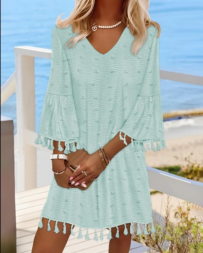 Women's Clothing New Summer V Neck Loose Tassel Large Size Dress_ecoleips.com