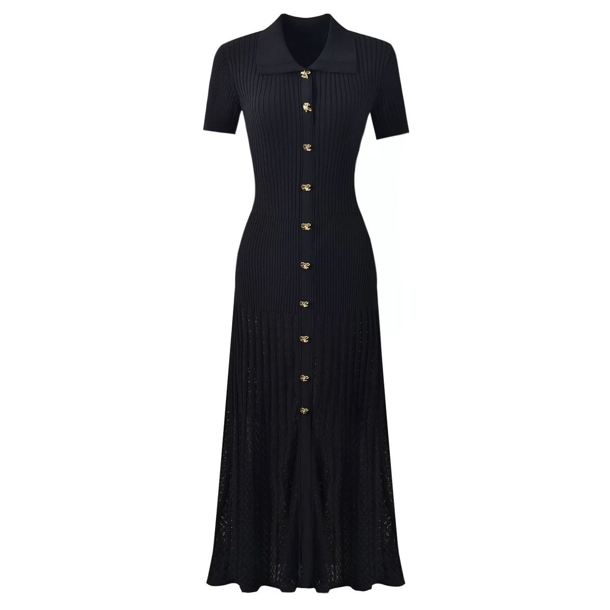 Women's Polo Collar Knitted Maxi Skirt Slim Fit Waist Cinching Midi Dress Casual Spring Autumn Wear_ecoleips.com