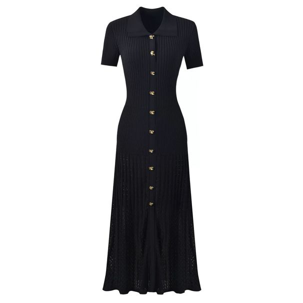 Women's Polo Collar Knitted Maxi Skirt Slim Fit Waist Cinching Midi Dress Casual Spring Autumn Wear_ecoleips.com