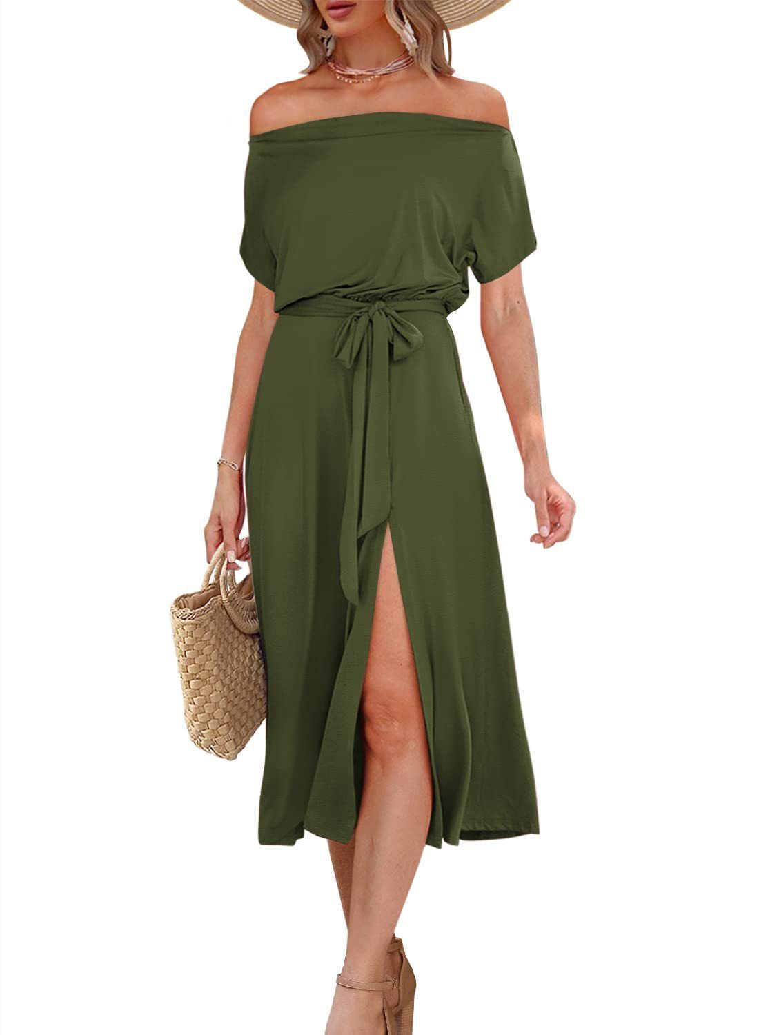Women's Clothing New Summer Dress Off Shoulder Short Sleeve Tie Waist Slit Midi Dress_ecoleips.com