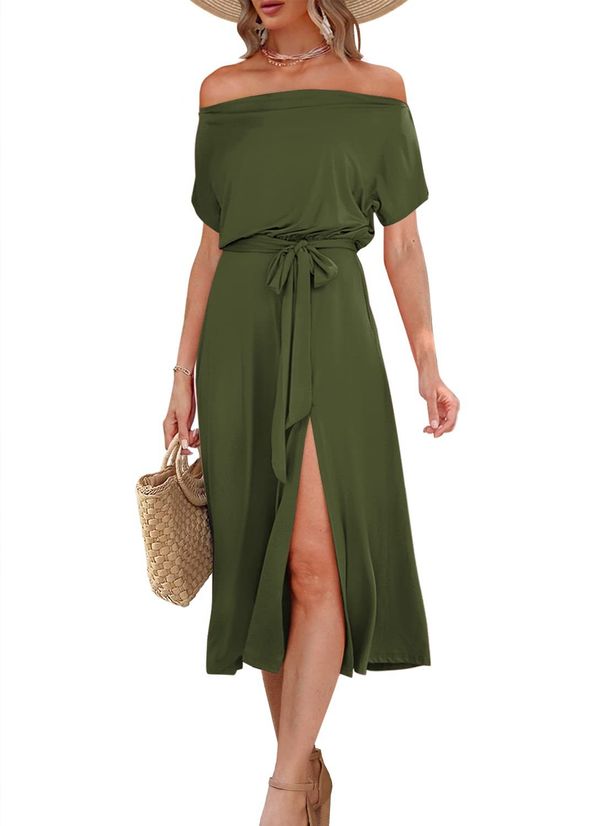 Women's Clothing New Summer Dress Off Shoulder Short Sleeve Tie Waist Slit Midi Dress_ecoleips.com