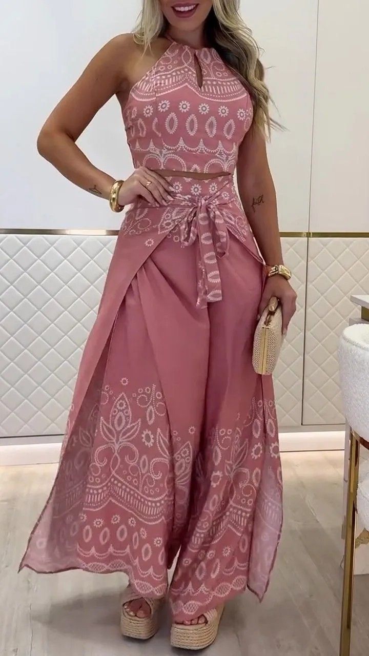 Women’s Clothing Spring And Summer New Retro National Style Halter Top Wide Leg Pants Set_ecoleips.com