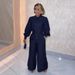 Women's Clothing Tie Strap Lantern Sleeve Shirt Wide Leg Pants Denim Two Piece Suit_ecoleips.com