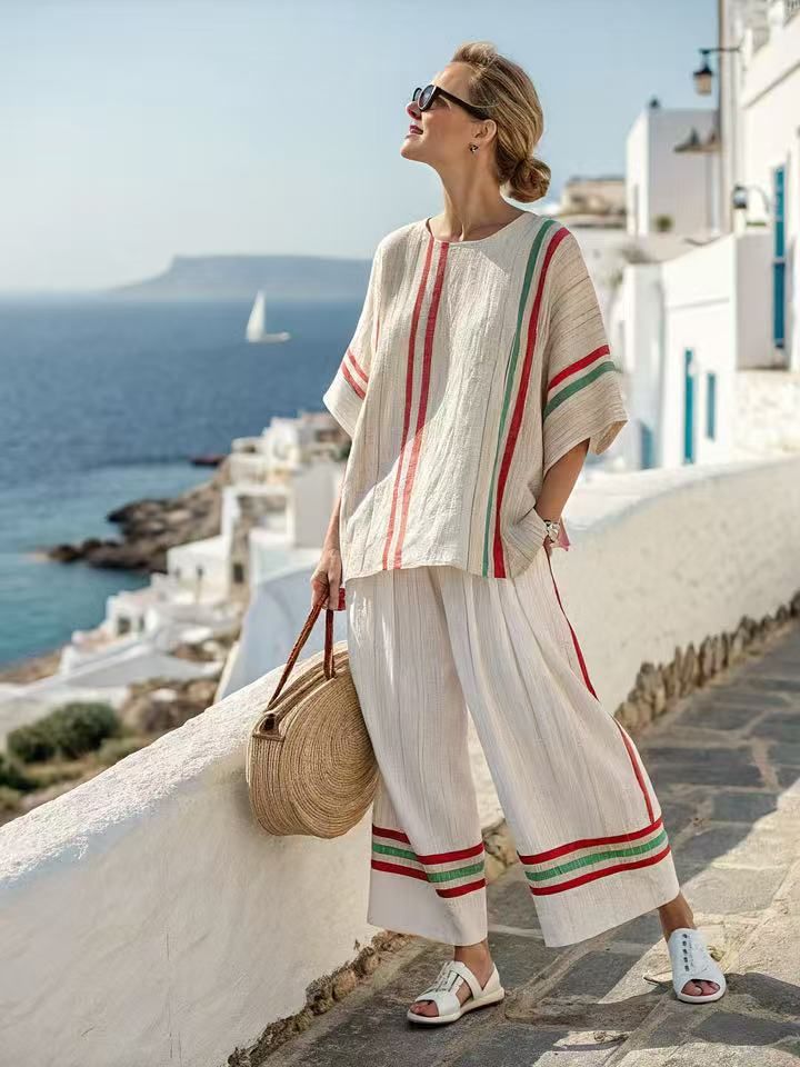 Women's Colorblock Stripe Lounge Set Oversized Cropped Top Wide-Leg Pants S-5XL 27 Colors_ecoleips.com