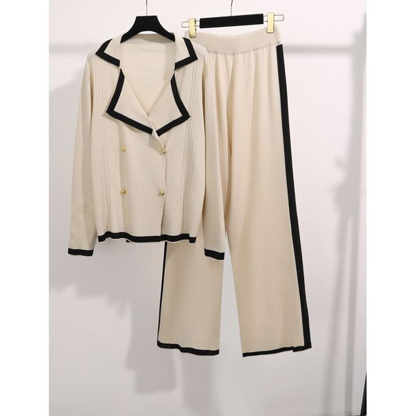 2025 Autumn Winter Cross-Border European American Style Turn-Down Collar Casual Lazy Top Color Block Sleeve Long Pants_ecoleips.com