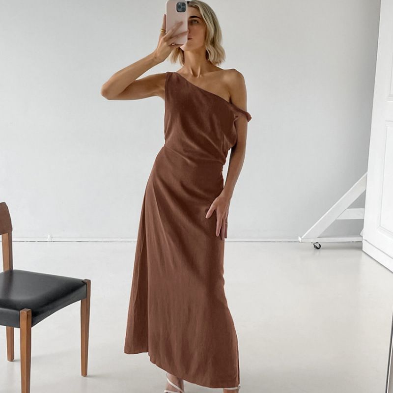 French Style Design Cotton Linen Brown Dress Spring And Summer One-Shoulder Cold-Shoulder Long Dress Women's Clothing_ecoleips.com