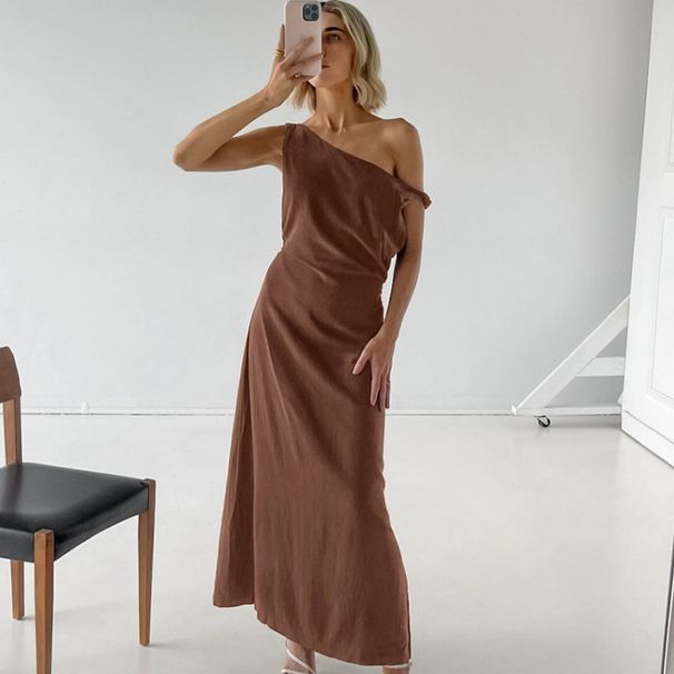 French Style Design Cotton Linen Brown Dress Spring And Summer One-Shoulder Cold-Shoulder Long Dress Women's Clothing_ecoleips.com