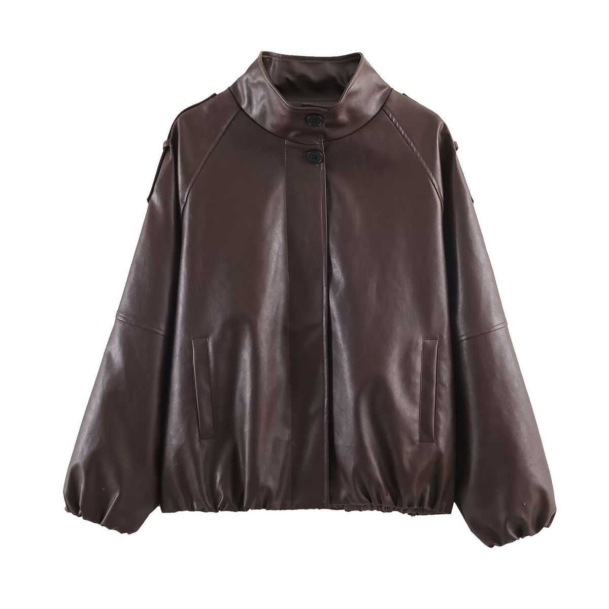 Fashionable Faux Leather Jacket For Women - Stand Collar With Zipper Detail, Streetwear Style, Casual Outerwear (XS/S/M/L, Chestnut)_ecoleips.com