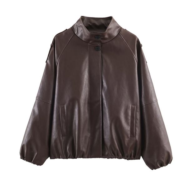 Fashionable Faux Leather Jacket For Women - Stand Collar With Zipper Detail, Streetwear Style, Casual Outerwear (XS/S/M/L, Chestnut)_ecoleips.com