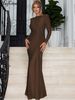Hugcitar 2025 Spring Eleagnt Solid Long Sleeve Shoulder Pads Ruched Sexy Maxi Dress Women New Clothes Evening Party Festival_ecoleips.com