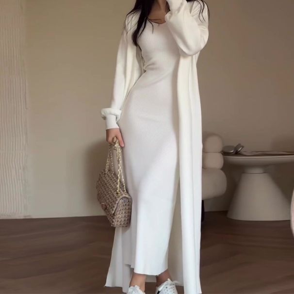 2023 Autumn New European American Cross-Border Solid Color Casual Slim-Fit Knit Sweater And Over-the-Knee Long_ecoleips.com