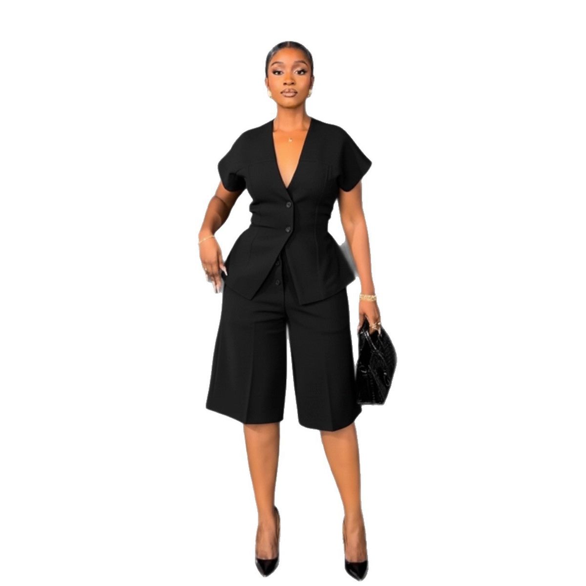Women's European Elegant Two Piece Set S11219 with Raglan Sleeves Slim Waist Tie Waist Pants Summer Commuter Wear_ecoleips.com