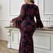 Elegant Plus Size Mermaid Maxi Dress Floral Print Evening Gown With Trumpet Sleeves And Feminine Silhouette_ecoleips.com