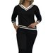 Women's Color Block V-Neck Long Sleeve Top with Elastic Waist And Pocket Versatile Summer Suit plus Size Sets England Style Fashion_ecoleips.com