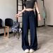 Vintage Washed Dark Blue Straight-Leg Jeans For Women, High-Waisted, Loose, Slimming, Youthful, Stylish, Hip-Covering,_ecoleips.com