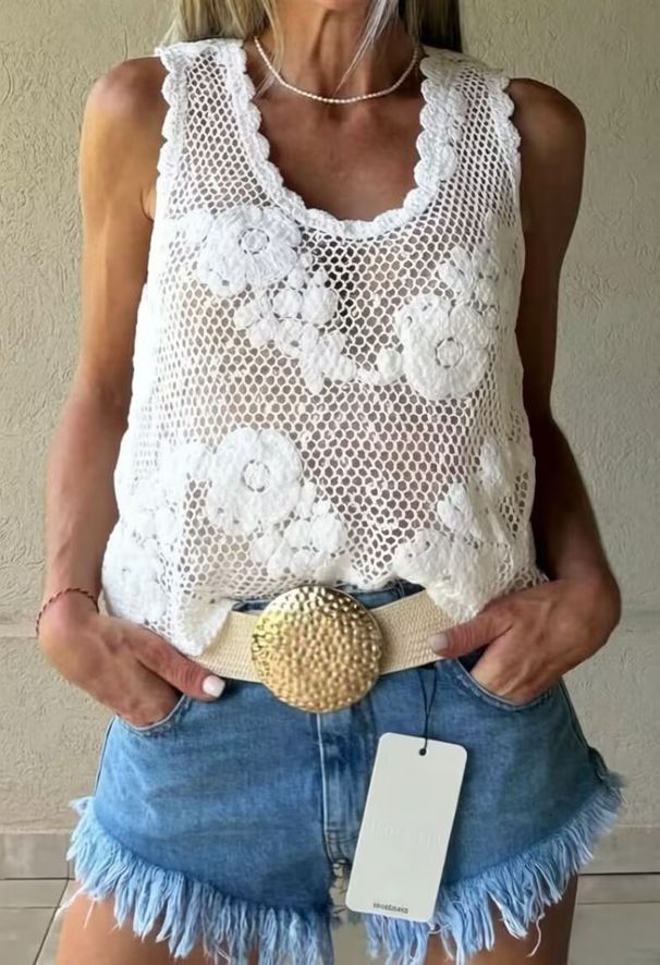 Women's Sleeveless V Neck Crochet Knit Vest Top In Russian Spring/Summer American Style New_ecoleips.com