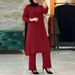 New Muslim Women's Round Neck Placket Puff Sleeve Shirt Side Seam Decorative Wooden Button Fashion Casual Set_ecoleips.com