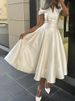 Freeacy Women's Elegant Dress V-neck Cap Sleeves Slim Fit A-line Party Dresses Solid Color High Waist Pleated Midi Dress_ecoleips.com