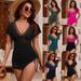 Women's One Piece Swimsuit V Neck Short Sleeve Slim Fit Sexy Bodycon Skirt Style Cross Border European American 2026 New_ecoleips.com