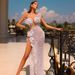 Women’s Clothing Gorgeous Feather Sequins Beaded High Slit White V Neck Tube Top Dress Wedding Dinner Dress_ecoleips.com