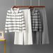Women's Elegant Striped Polo Collar Knitted Two Piece Set Single Breasted Sweater And Loose Wide Leg Pants Suit_ecoleips.com