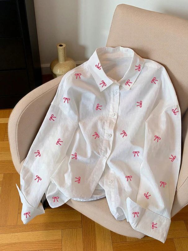 Women's Pink Bow Print Shirt Long Sleeved Sun Protective Light Jacket Top Casual Spring/Summer Fashion for Adults_ecoleips.com