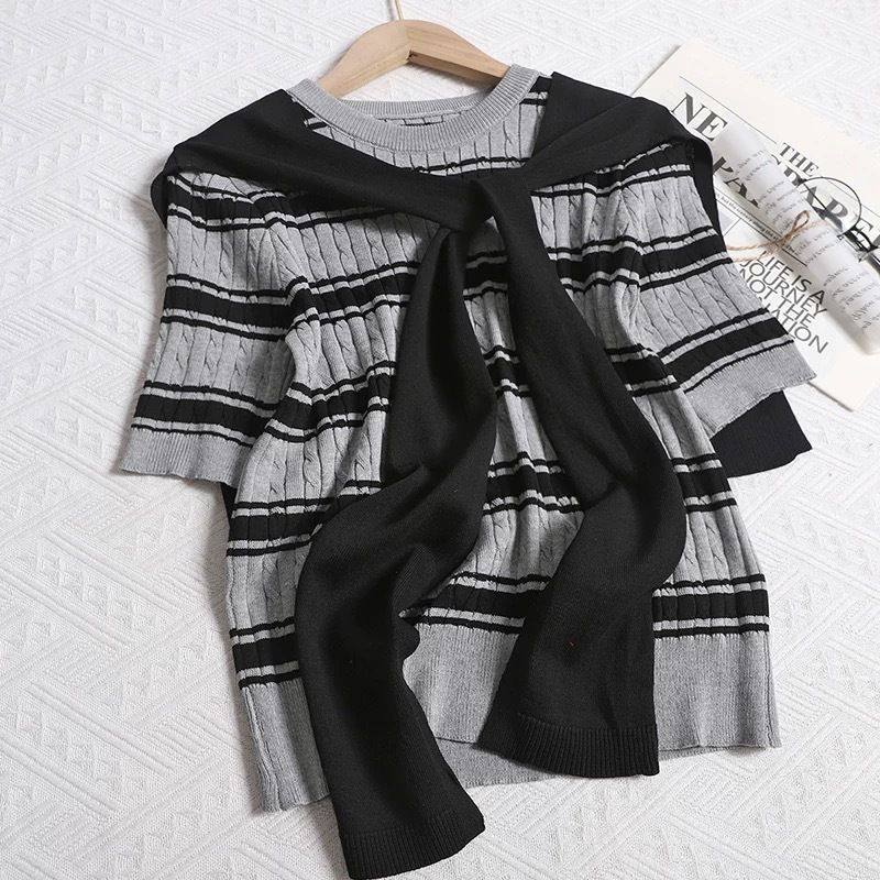 Korean Style Striped Knit Sweater Set - Contrast Color Short Sleeve Top & Shawl_ecoleips.com