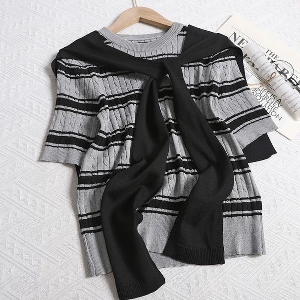 Korean Style Striped Knit Sweater Set - Contrast Color Short Sleeve Top & Shawl_ecoleips.com