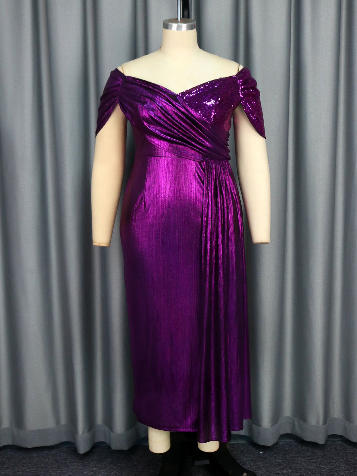 Women's Clothing New Off Shoulder V Neck Banquet Evening Dress Evening Party Pleated Small Sleeve Cover Dresses_ecoleips.com