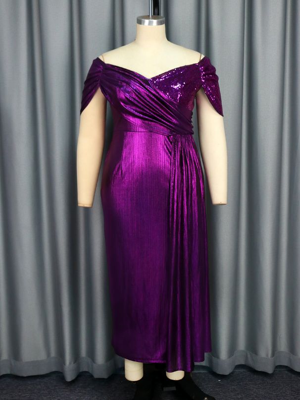 Women's Clothing New Off Shoulder V Neck Banquet Evening Dress Evening Party Pleated Small Sleeve Cover Dresses_ecoleips.com
