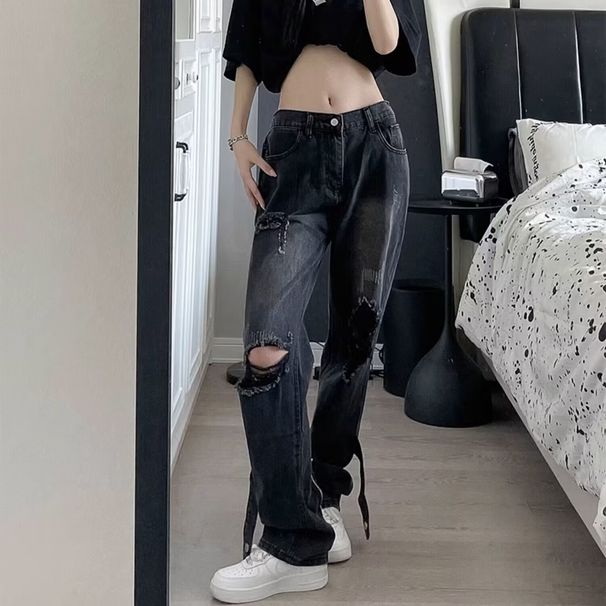 Yellow Mud-colored Ripped Jeans For Women, Autumn Low-waist Straight Pants, American High-end Wasteland Style, Slightly_ecoleips.com
