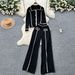 Sophisticated Two Piece Set With Color Block Metal Buckle Collar Long Sleeved Knit Top And High-Waisted Wide-Leg Straight-Leg Pants_ecoleips.com