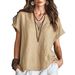 Women's Solid Color V Neck Shirt Casual Loose Short Sleeve Linen Top Spring Summer European American_ecoleips.com