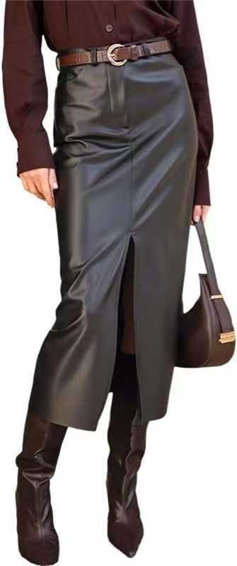 Verve Autumn Winter New Sexy Split Black Commuter Leather High Waist Straight Midi Skirt_ecoleips.com