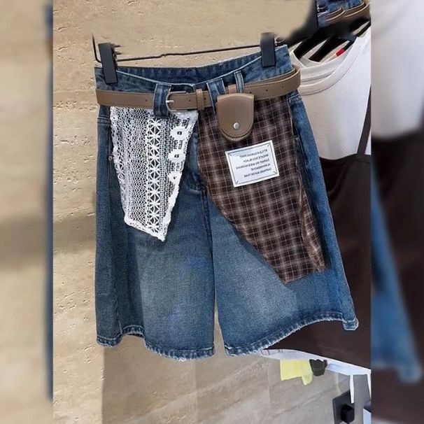 Vintage Lace Plaid Stitching Denim Shorts Women's Summer High Waist Five-point Wide Legs_ecoleips.com