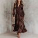 Women's Clothing Retro Print Long Dress Fashion Slim Waist V Neck Puff Sleeve Women's Clothing_ecoleips.com