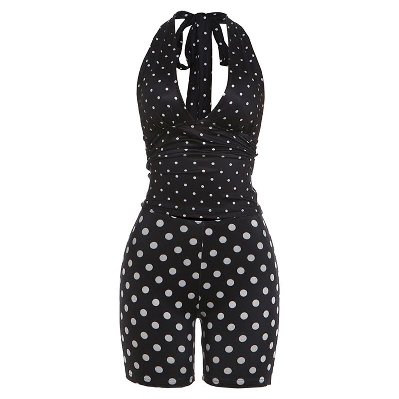 Summer Women's Polka Dot Lace-Up U Neck Vest Top With Sexy Shorts Set Hot Girl Clothing_ecoleips.com