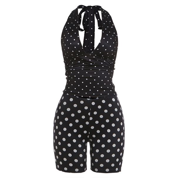 Summer Women's Polka Dot Lace-Up U Neck Vest Top With Sexy Shorts Set Hot Girl Clothing_ecoleips.com