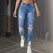 Summer 2027 Fashion Light Blue Jeans Women Cotton Mid Waist Comfortable Elasticity Distressed Design Broken Hole Washed Small Foot Denim Pants_ecoleips.com