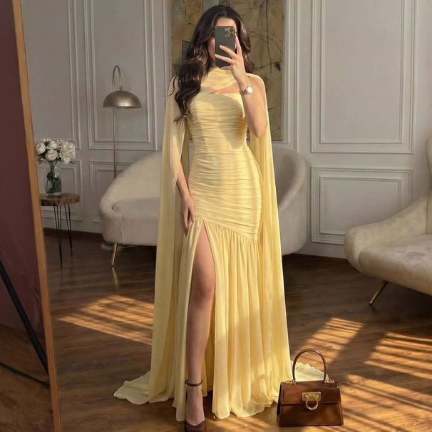 Women's Elegant Split-Slit Maxi Dress – Stretchy Polyester High-Waist Formal Gown With Belt (XS-XXXL, Yellow)_ecoleips.com
