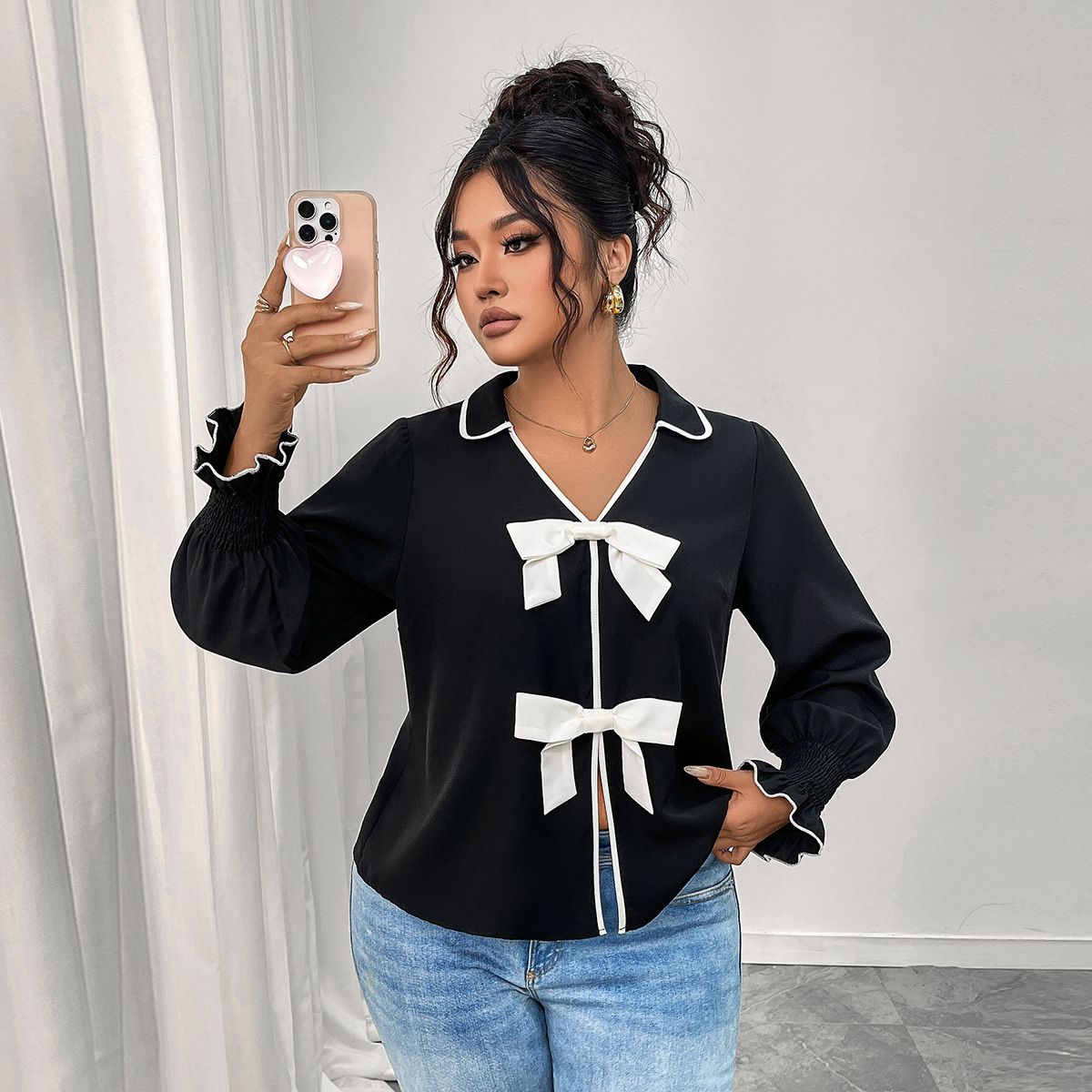 Women's Clothing Plus Size Clothes "Elegant Polo-Collar Short Jacket With Bow Detail – Classic Black Blazer For Women, Plus Size Friendly"_ecoleips.com