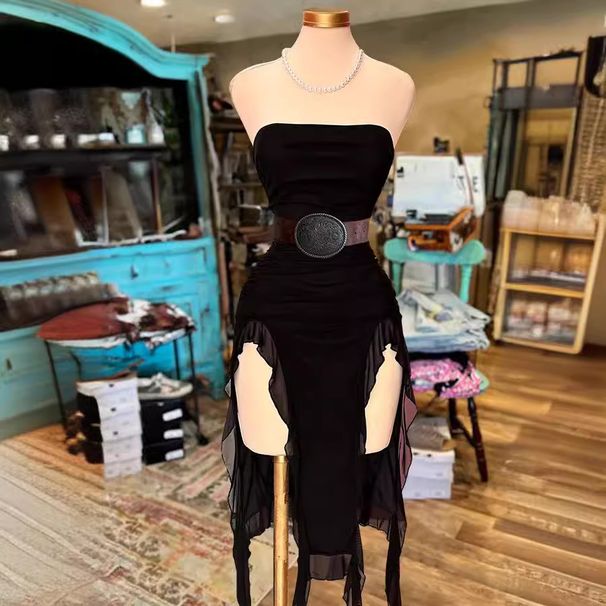 2025 European And American Women's Fashion New Off-Shoulder Strapless Bodycon Slim Irregular Dress_ecoleips.com