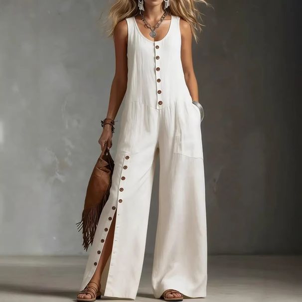 Fashionable Elegant Women Sleeveless Linen Dress Jumpsuit With Button Decor And Pocket For Daily Casual Or Outdoor Wear_ecoleips.com
